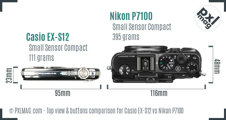Casio EX-S12 vs Nikon P7100 top view buttons comparison Casio EX-S12 vs Nikon P7100 top view buttons comparison