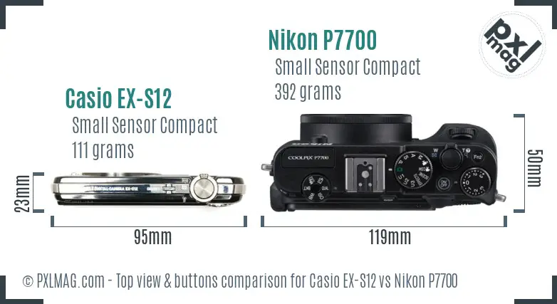 Casio EX-S12 vs Nikon P7700 top view buttons comparison