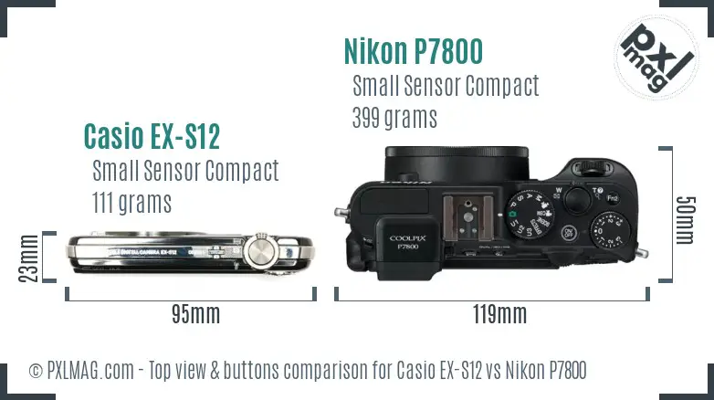 Casio EX-S12 vs Nikon P7800 top view buttons comparison