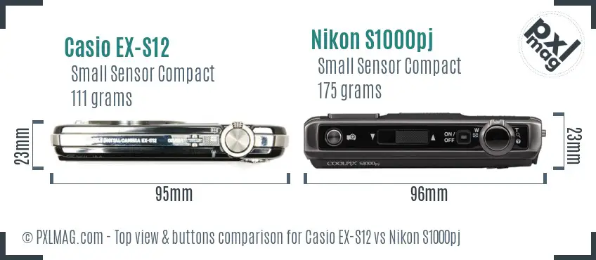 Casio EX-S12 vs Nikon S1000pj top view buttons comparison