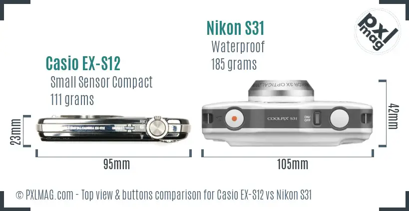 Casio EX-S12 vs Nikon S31 top view buttons comparison