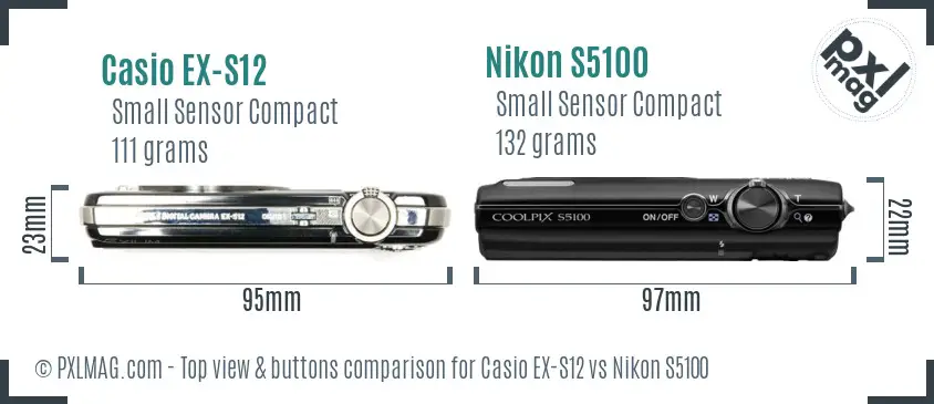 Casio EX-S12 vs Nikon S5100 top view buttons comparison