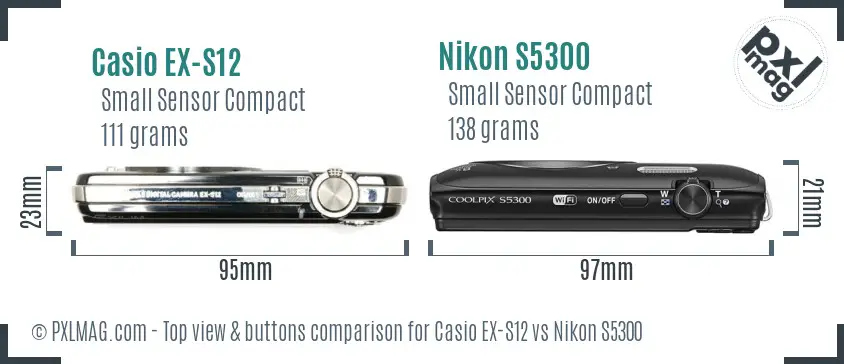 Casio EX-S12 vs Nikon S5300 top view buttons comparison