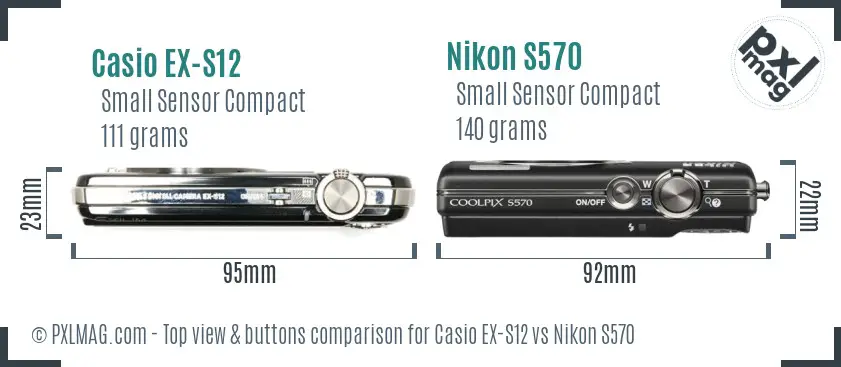Casio EX-S12 vs Nikon S570 top view buttons comparison