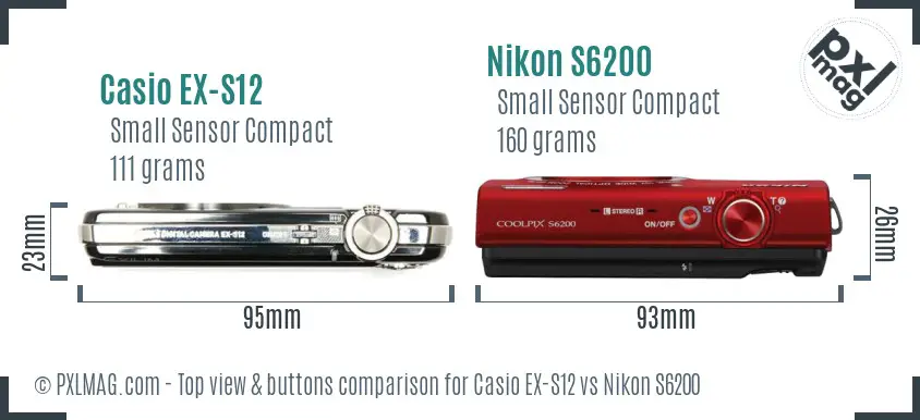 Casio EX-S12 vs Nikon S6200 top view buttons comparison