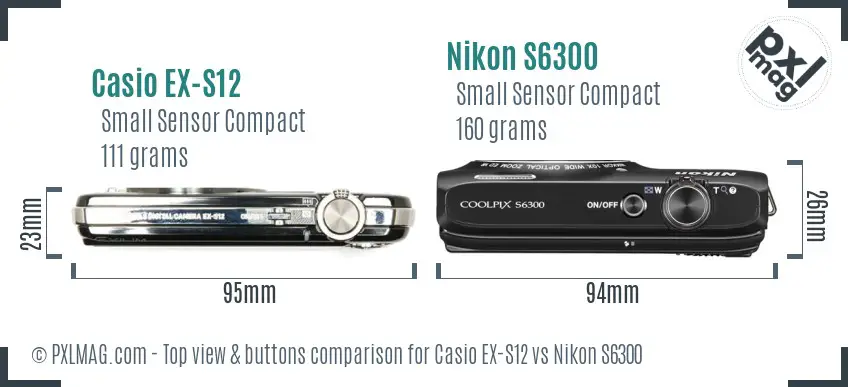 Casio EX-S12 vs Nikon S6300 top view buttons comparison