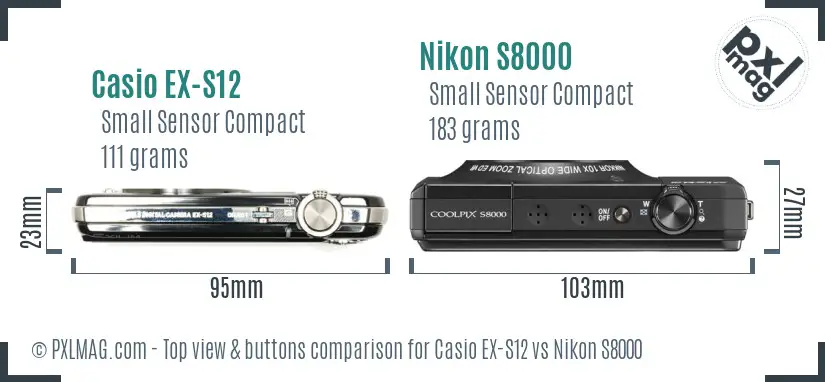 Casio EX-S12 vs Nikon S8000 top view buttons comparison Casio EX-S12 vs Nikon S8000 top view buttons comparison