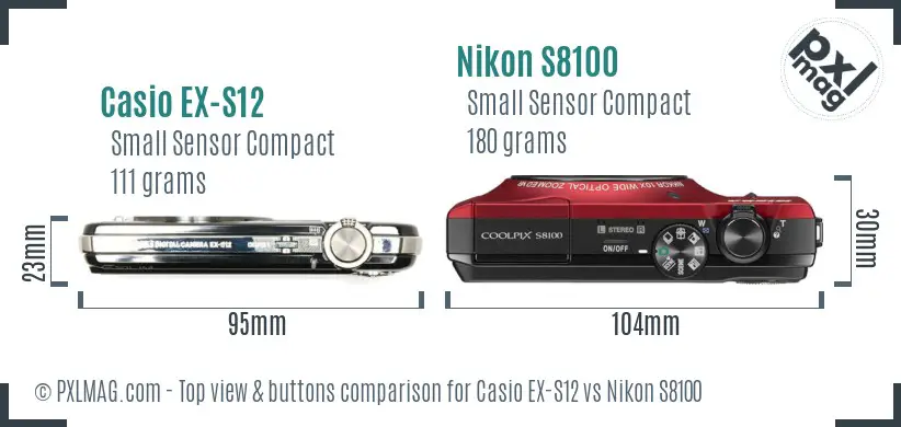 Casio EX-S12 vs Nikon S8100 top view buttons comparison