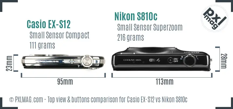 Casio EX-S12 vs Nikon S810c top view buttons comparison Casio EX-S12 vs Nikon S810c top view buttons comparison