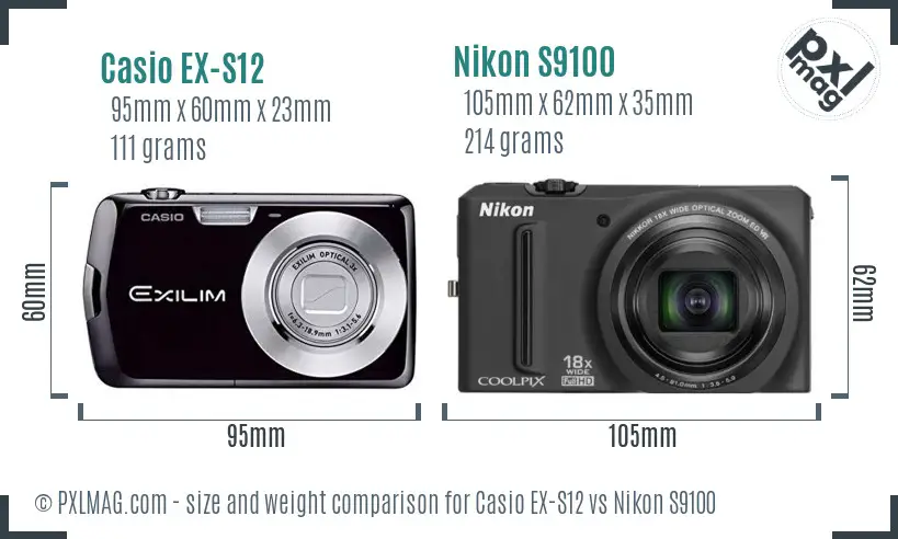 Casio EX-S12 vs Nikon S9100 size comparison