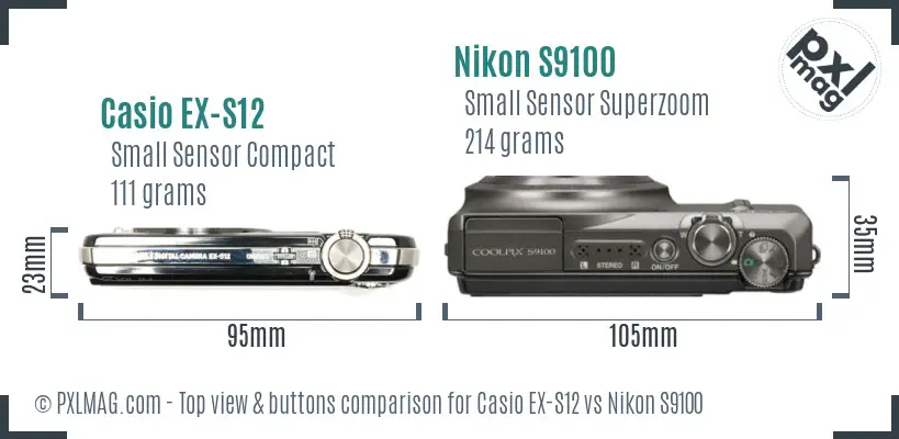 Casio EX-S12 vs Nikon S9100 top view buttons comparison