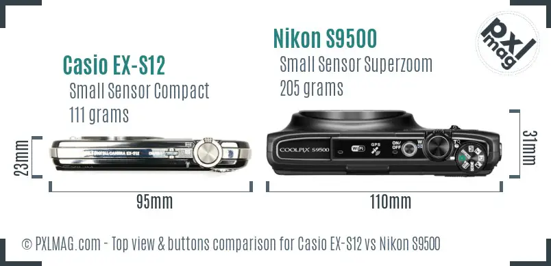 Casio EX-S12 vs Nikon S9500 top view buttons comparison Casio EX-S12 vs Nikon S9500 top view buttons comparison