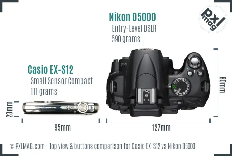 Casio EX-S12 vs Nikon D5000 top view buttons comparison