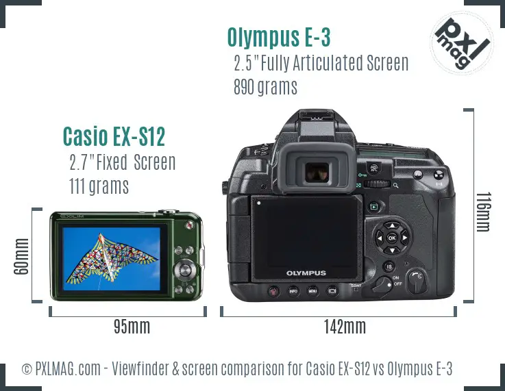 Casio EX-S12 vs Olympus E-3 Screen and Viewfinder comparison