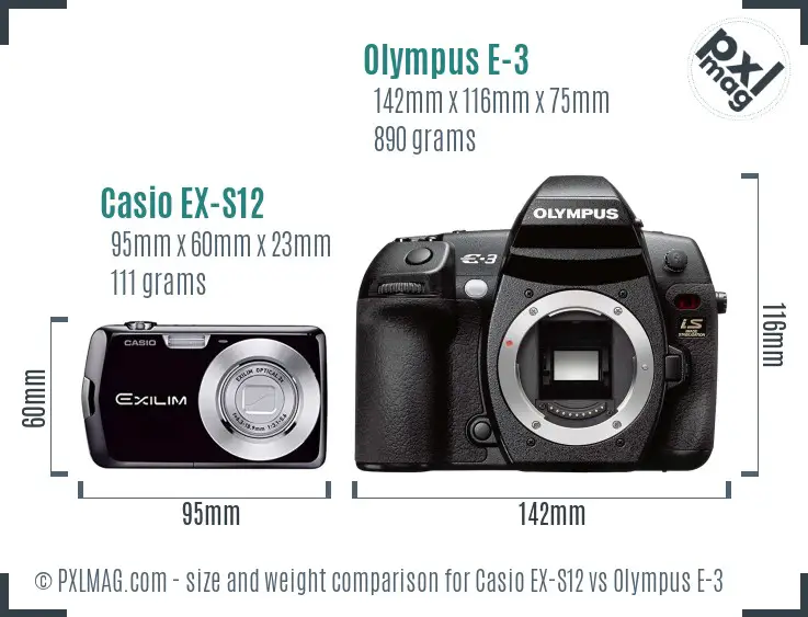 Casio EX-S12 vs Olympus E-3 size comparison