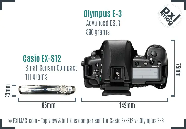 Casio EX-S12 vs Olympus E-3 top view buttons comparison