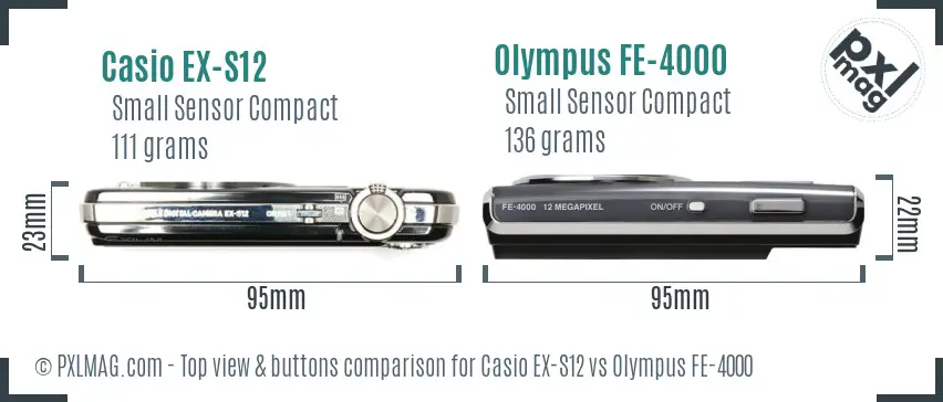 Casio EX-S12 vs Olympus FE-4000 top view buttons comparison