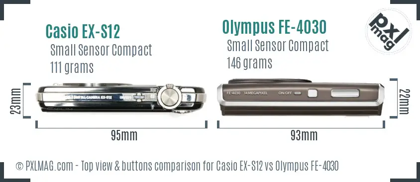 Casio EX-S12 vs Olympus FE-4030 top view buttons comparison Casio EX-S12 vs Olympus FE-4030 top view buttons comparison