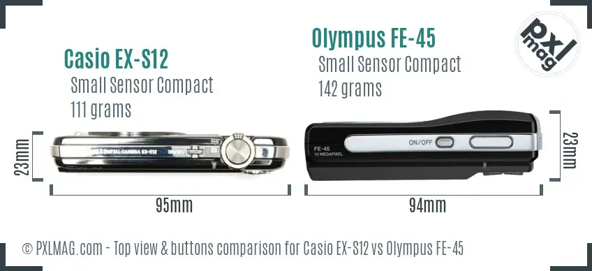 Casio EX-S12 vs Olympus FE-45 top view buttons comparison