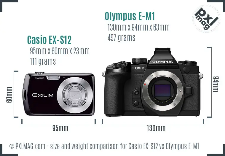 Casio EX-S12 vs Olympus E-M1 size comparison