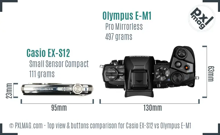 Casio EX-S12 vs Olympus E-M1 top view buttons comparison