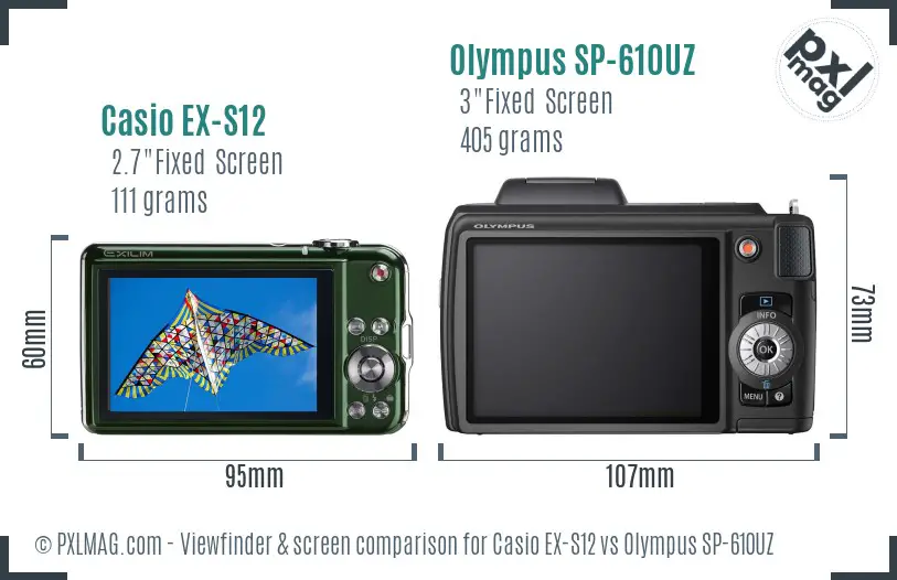 Casio EX-S12 vs Olympus SP-610UZ Screen and Viewfinder comparison