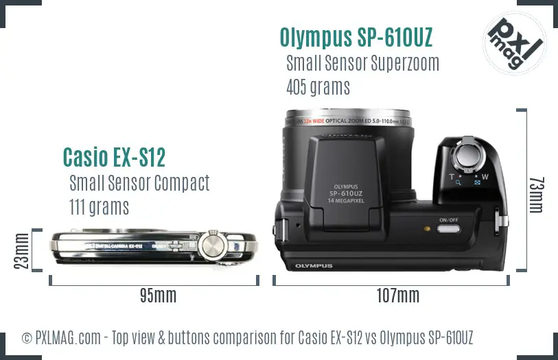 Casio EX-S12 vs Olympus SP-610UZ top view buttons comparison