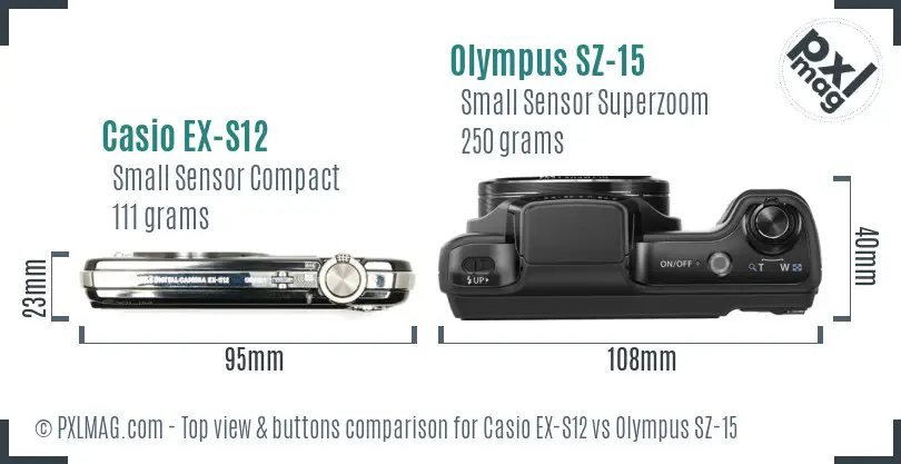 Casio EX-S12 vs Olympus SZ-15 top view buttons comparison Casio EX-S12 vs Olympus SZ-15 top view buttons comparison