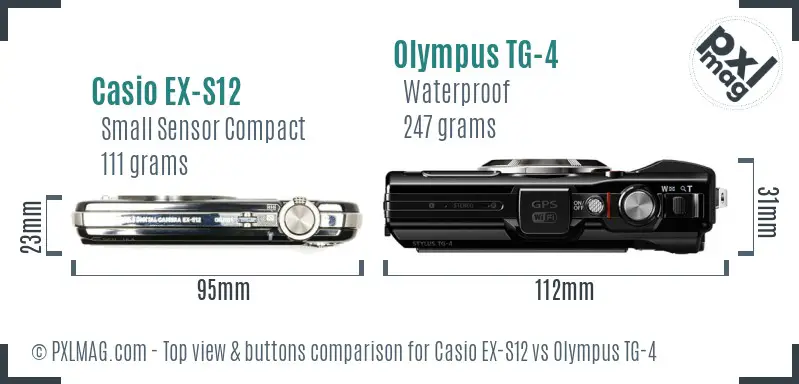 Casio EX-S12 vs Olympus TG-4 top view buttons comparison Casio EX-S12 vs Olympus TG-4 top view buttons comparison
