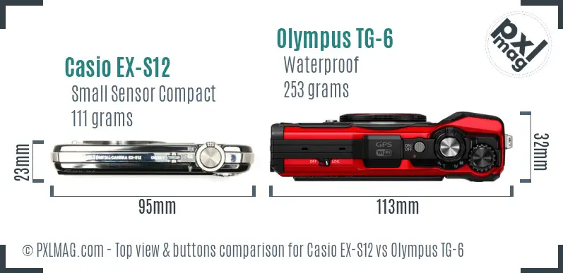 Casio EX-S12 vs Olympus TG-6 top view buttons comparison Casio EX-S12 vs Olympus TG-6 top view buttons comparison