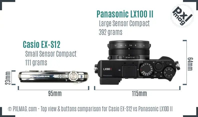 Casio EX-S12 vs Panasonic LX100 II top view buttons comparison