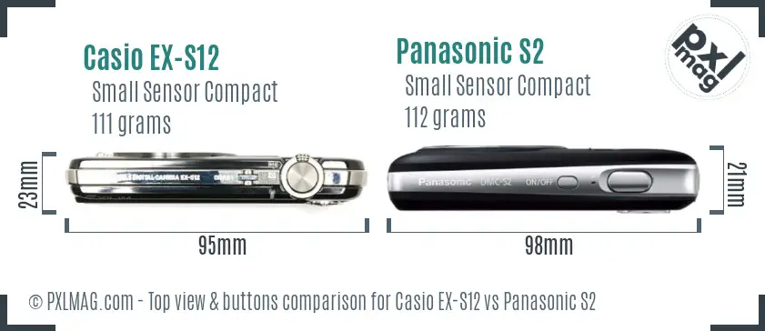 Casio EX-S12 vs Panasonic S2 top view buttons comparison Casio EX-S12 vs Panasonic S2 top view buttons comparison