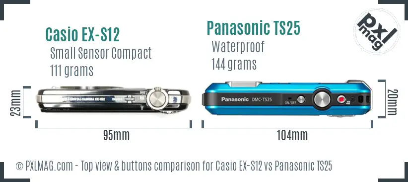 Casio EX-S12 vs Panasonic TS25 top view buttons comparison