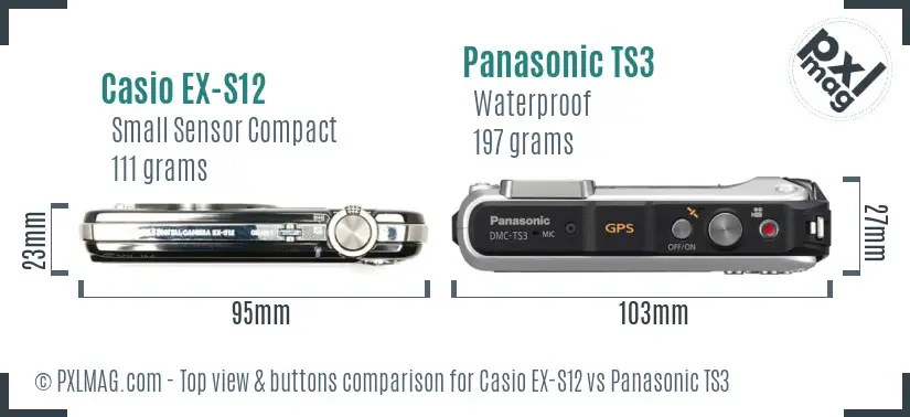 Casio EX-S12 vs Panasonic TS3 top view buttons comparison