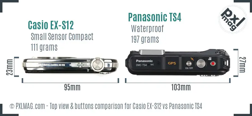 Casio EX-S12 vs Panasonic TS4 top view buttons comparison