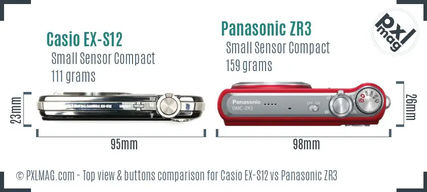 Casio EX-S12 vs Panasonic ZR3 top view buttons comparison Casio EX-S12 vs Panasonic ZR3 top view buttons comparison