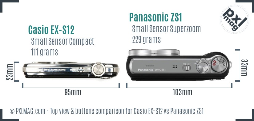 Casio EX-S12 vs Panasonic ZS1 top view buttons comparison