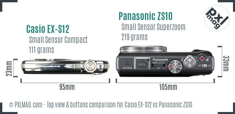 Casio EX-S12 vs Panasonic ZS10 top view buttons comparison Casio EX-S12 vs Panasonic ZS10 top view buttons comparison
