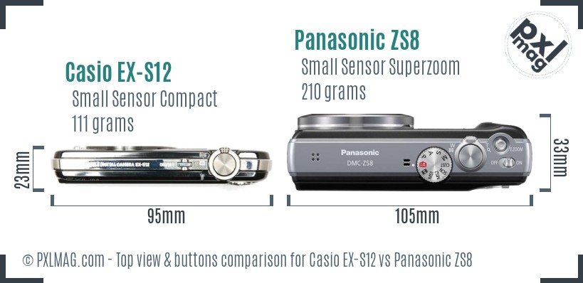 Casio EX-S12 vs Panasonic ZS8 top view buttons comparison