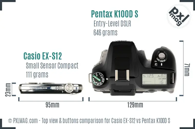Casio EX-S12 vs Pentax K100D S top view buttons comparison