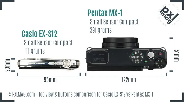 Casio EX-S12 vs Pentax MX-1 top view buttons comparison