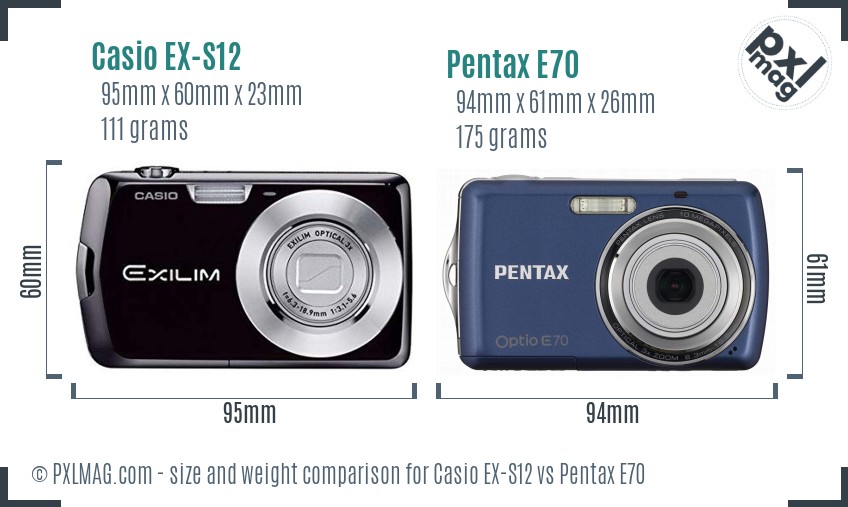 Casio EX-S12 vs Pentax E70 size comparison