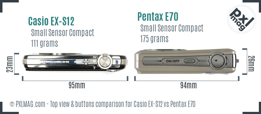 Casio EX-S12 vs Pentax E70 top view buttons comparison
