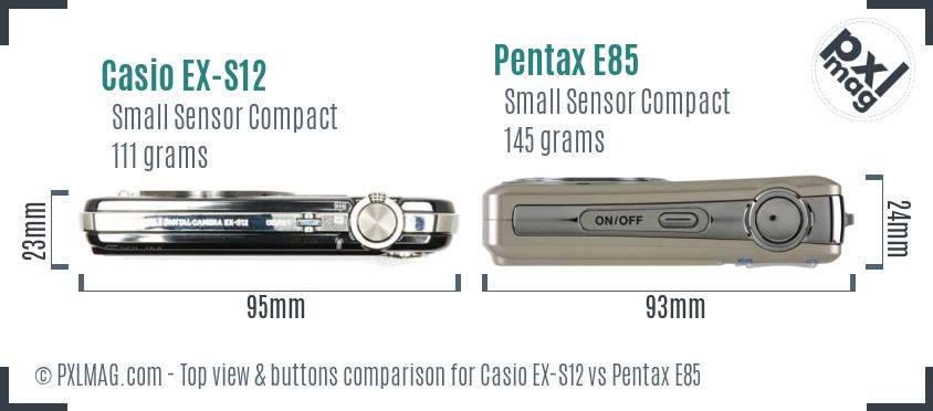 Casio EX-S12 vs Pentax E85 top view buttons comparison