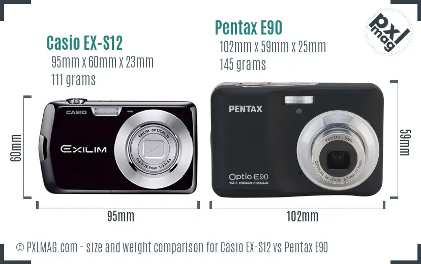 Casio EX-S12 vs Pentax E90 size comparison