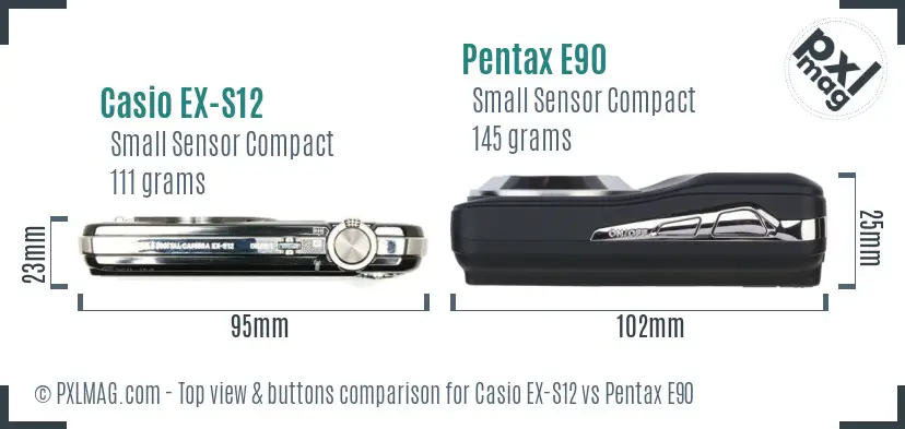 Casio EX-S12 vs Pentax E90 top view buttons comparison