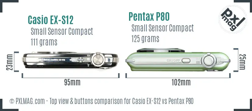 Casio EX-S12 vs Pentax P80 top view buttons comparison