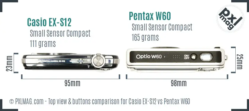 Casio EX-S12 vs Pentax W60 top view buttons comparison Casio EX-S12 vs Pentax W60 top view buttons comparison