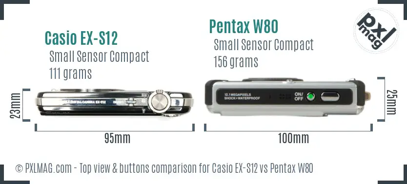 Casio EX-S12 vs Pentax W80 top view buttons comparison Casio EX-S12 vs Pentax W80 top view buttons comparison