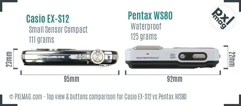 Casio EX-S12 vs Pentax WS80 top view buttons comparison Casio EX-S12 vs Pentax WS80 top view buttons comparison